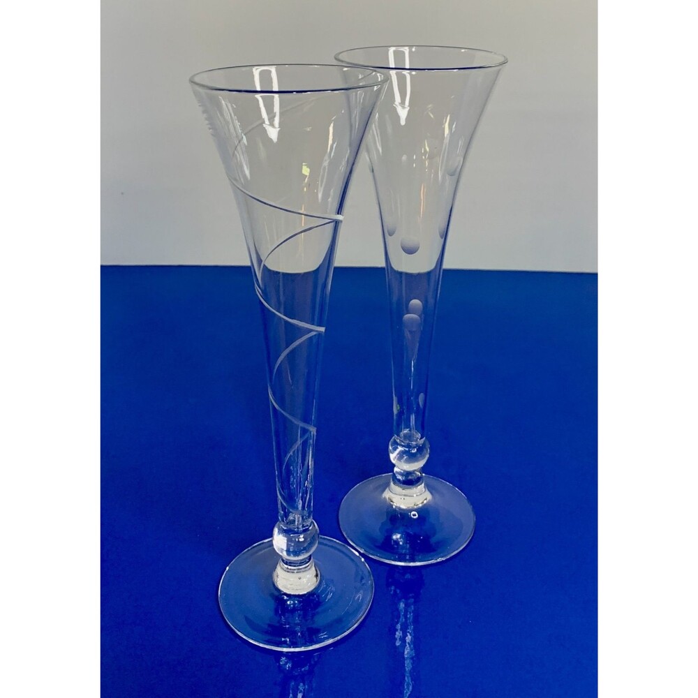 Swirl Dot Hollow Stem Trumpet Champagne Glasses Flutes Lot of 2 Toasting